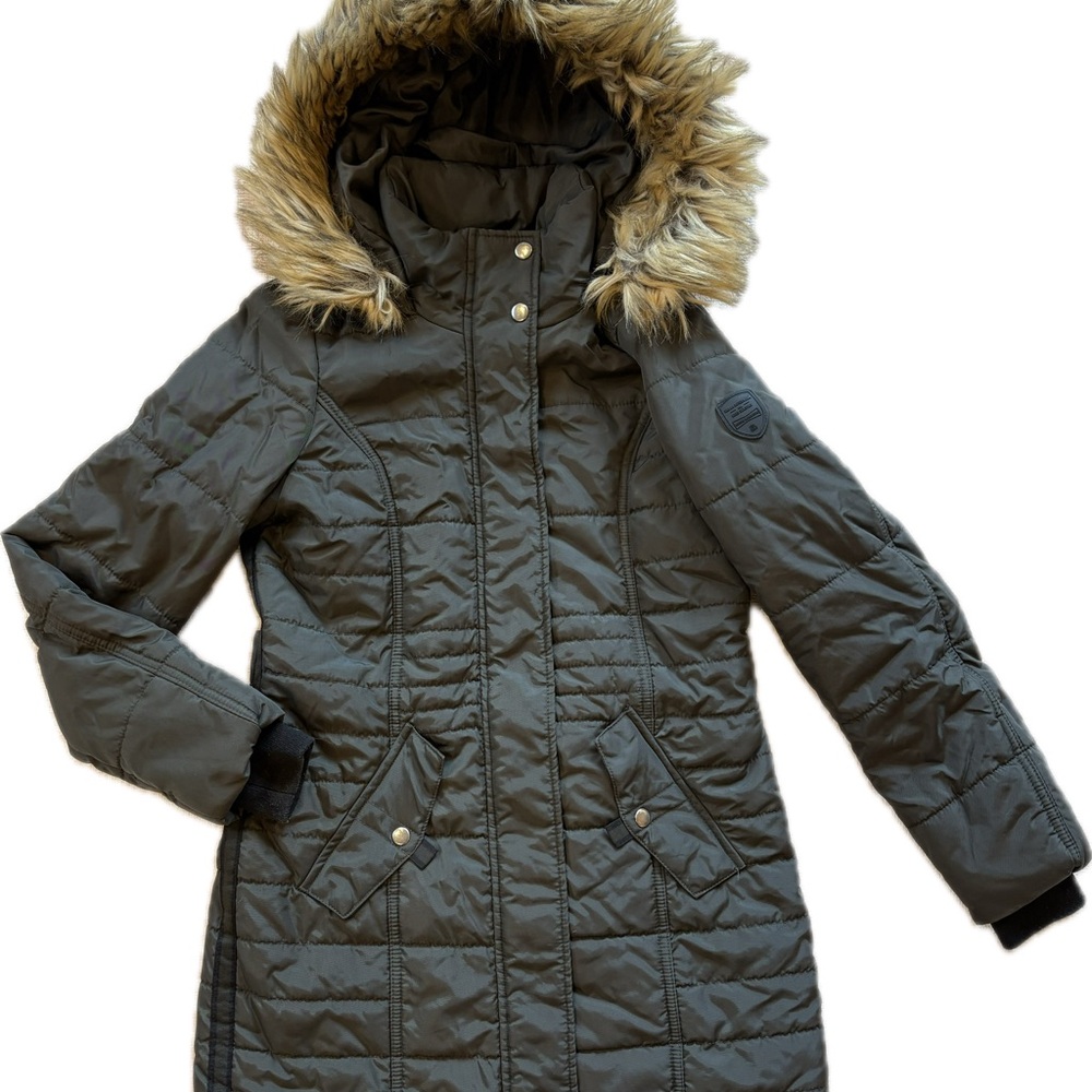 Vero Moda green Quilted Puffer Coat with (removable) Faux Fur trim on hood XS